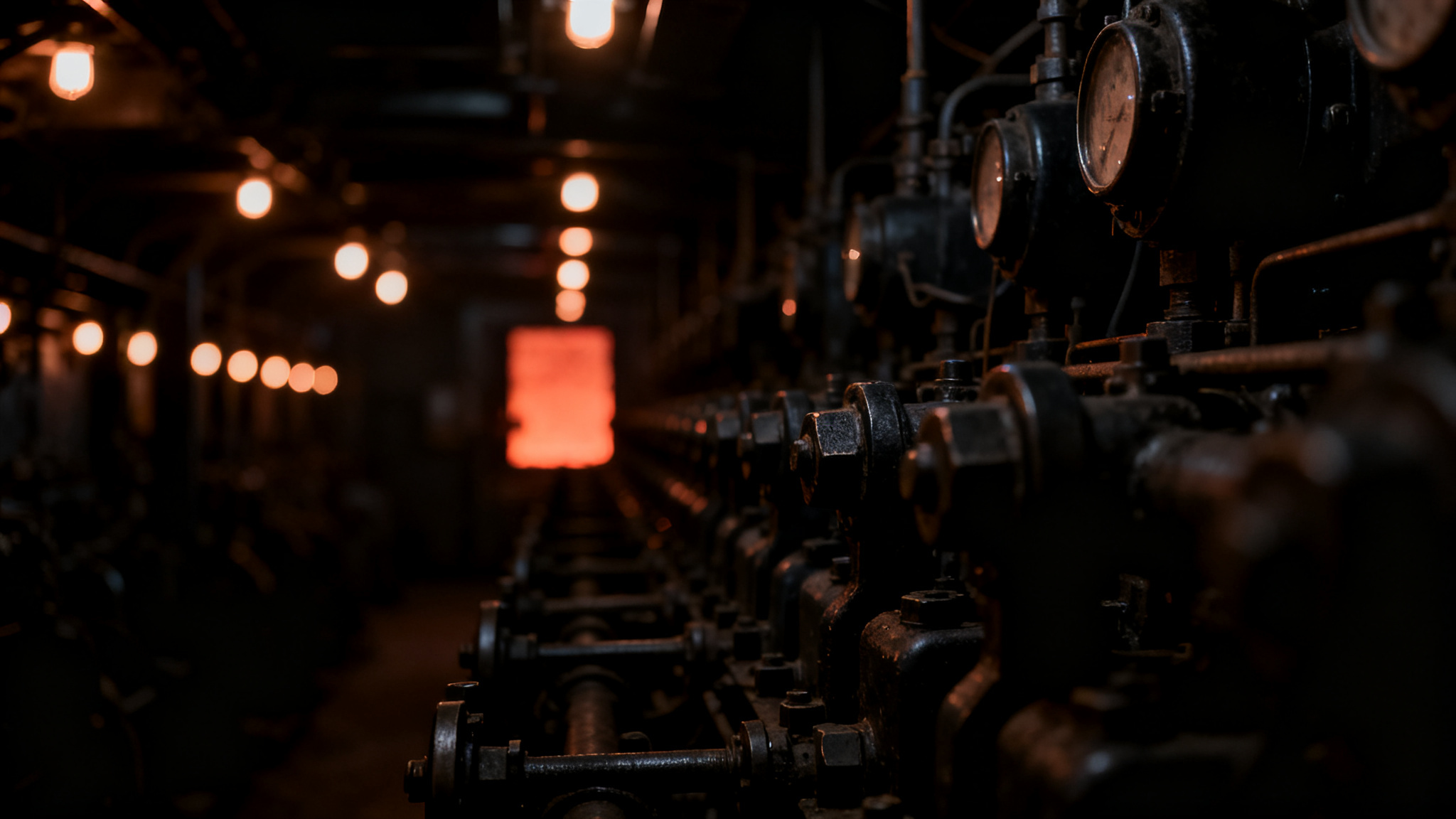 an engine room of warm machinery receding into the dark